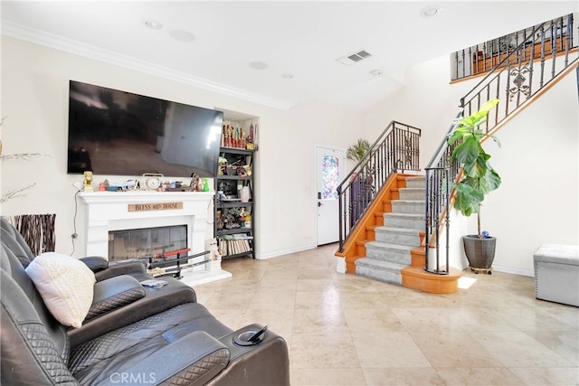 tiled living room featuring ornamental molding