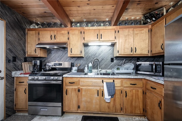 kitchen with beamed ceiling, sink, ventilation hood, appliances with stainless steel finishes, and wooden ceiling