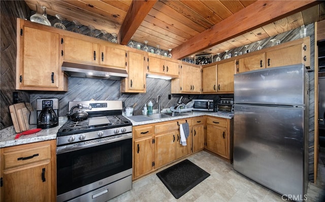 kitchen featuring wood ceiling, beam ceiling, sink, and stainless steel appliances