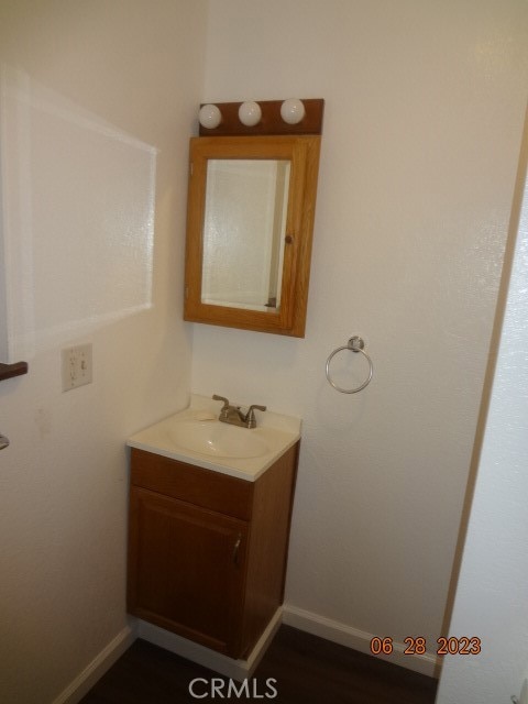 bathroom featuring wood-type flooring and vanity