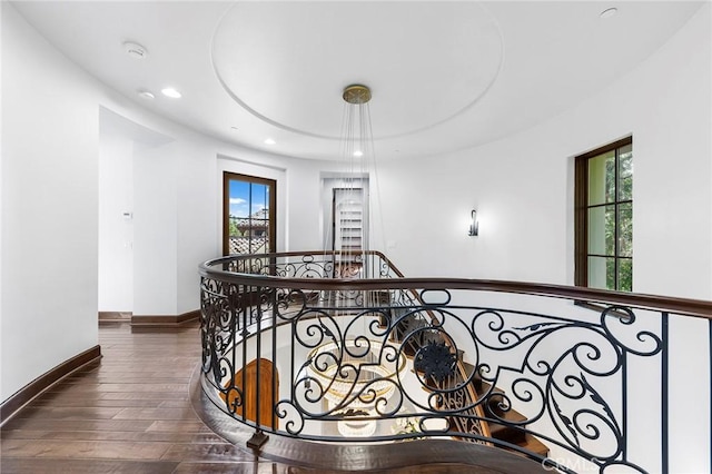 hall featuring plenty of natural light and dark hardwood / wood-style flooring