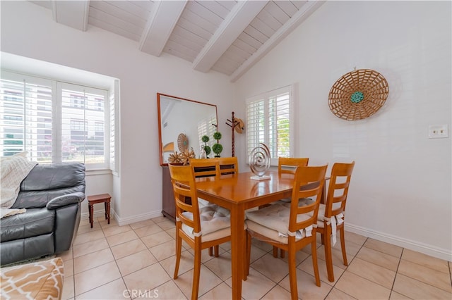 dining area with light tile patterned floors, vaulted ceiling with beams, and wooden ceiling