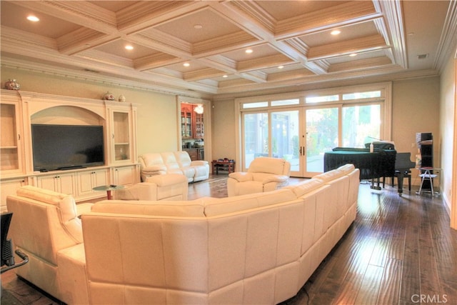 living room featuring french doors, ornamental molding, dark wood-type flooring, and coffered ceiling