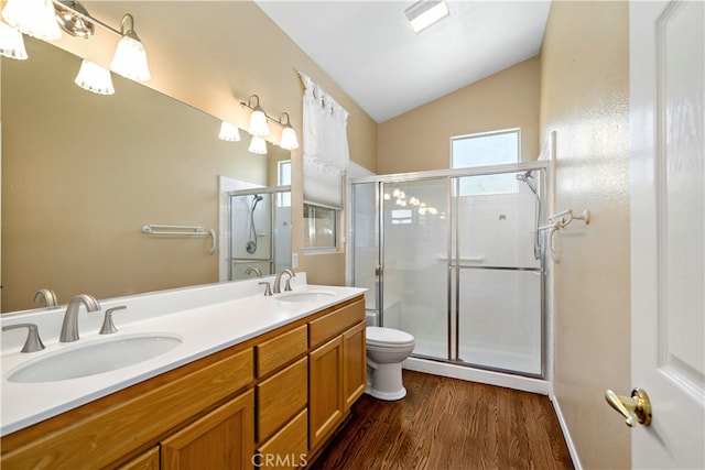 bathroom featuring lofted ceiling, a shower with shower door, vanity, and toilet