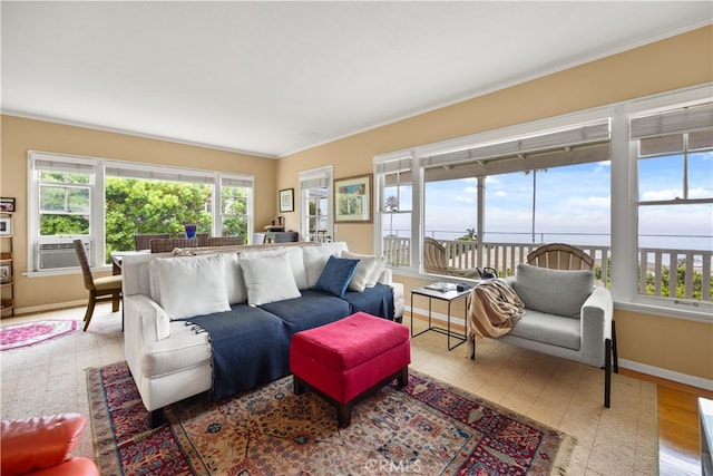 living room with cooling unit and hardwood / wood-style flooring