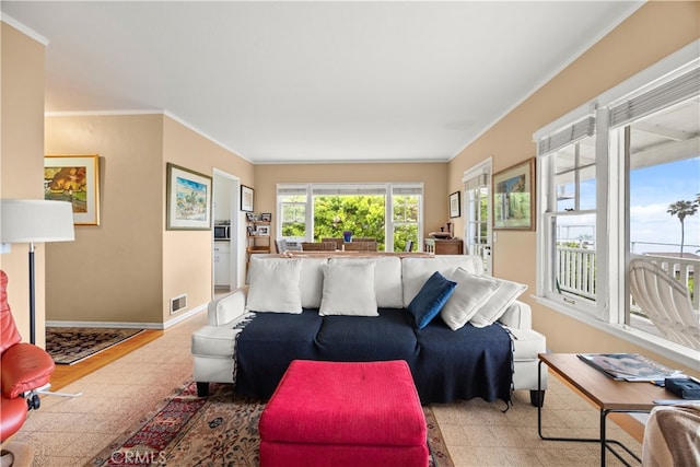 living room featuring light wood-type flooring and crown molding