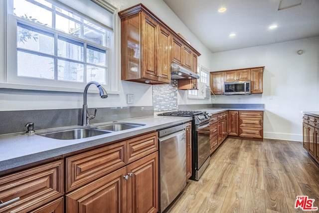 kitchen with light hardwood / wood-style floors, appliances with stainless steel finishes, tasteful backsplash, and sink