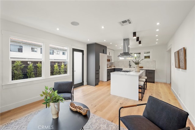 living room featuring light hardwood / wood-style floors, plenty of natural light, and sink