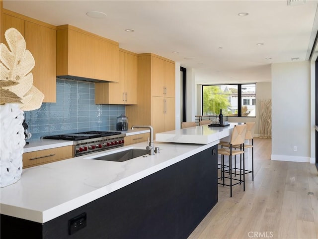 kitchen featuring backsplash, sink, high end stainless steel range oven, light hardwood / wood-style floors, and a kitchen bar