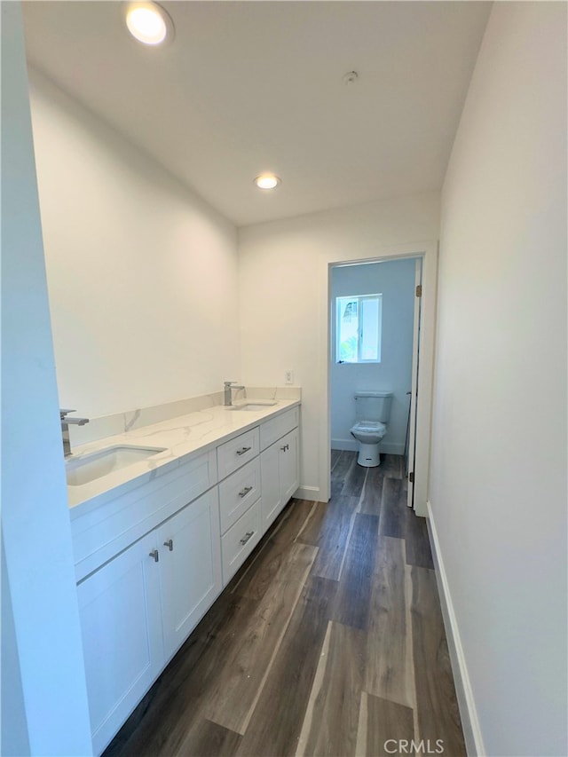 bathroom with hardwood / wood-style floors, vanity, and toilet