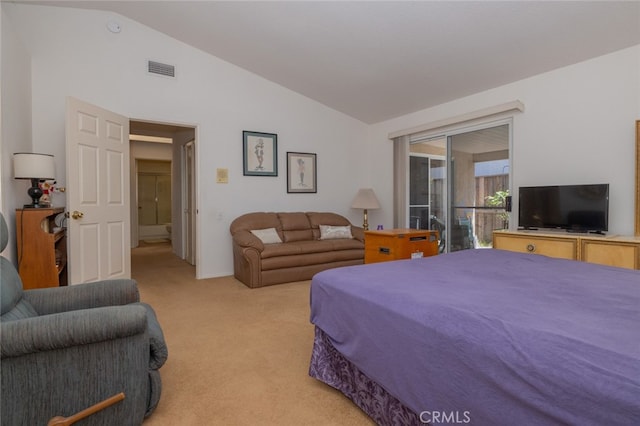 bedroom with access to exterior, light carpet, and lofted ceiling