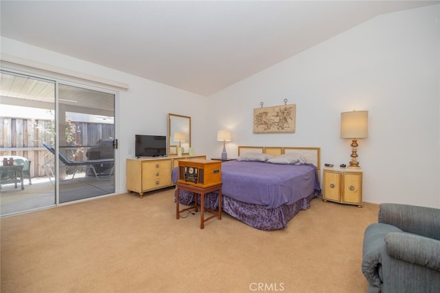 bedroom featuring light carpet, access to exterior, and lofted ceiling