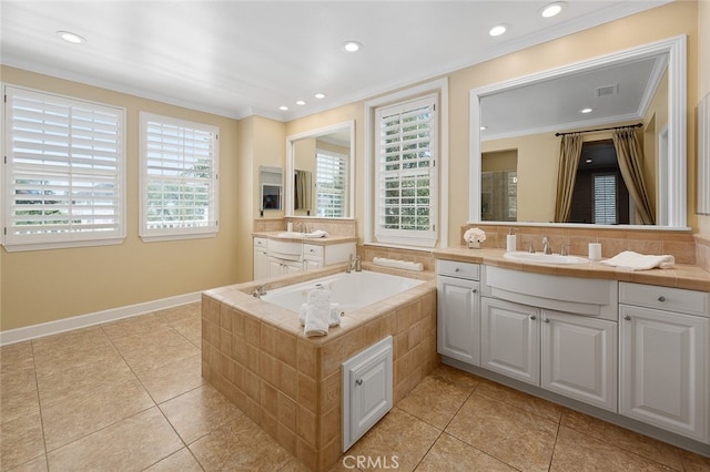 bathroom featuring tile patterned flooring, vanity, a relaxing tiled tub, and ornamental molding