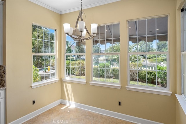 unfurnished sunroom featuring a notable chandelier and a wealth of natural light