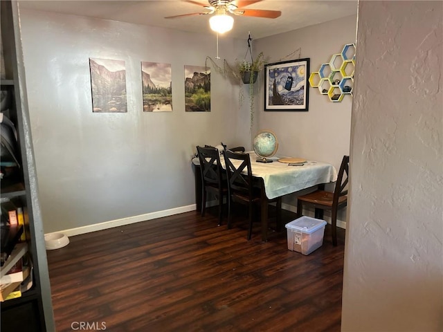 dining space featuring ceiling fan and dark wood-type flooring