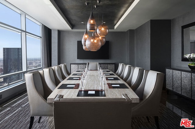 dining room with a raised ceiling