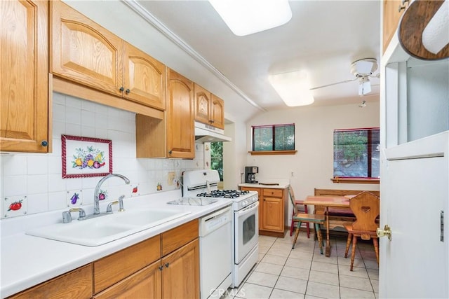 9339 Wood Rd, Forest Falls, CA 92339 - kitchen featuring a sink, white appliances, light tile patterned floors, light countertops, and under cabinet range hood