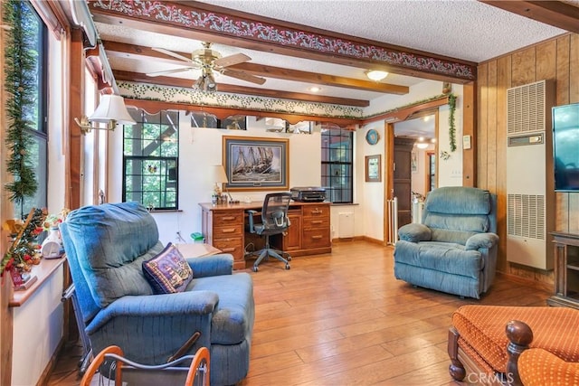 9339 Wood Rd, Forest Falls, CA 92339 - home office with a heating unit, beamed ceiling, light wood-style flooring, a ceiling fan, and a textured ceiling
