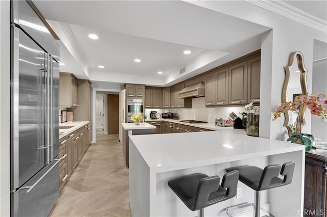 kitchen with a breakfast bar area, kitchen peninsula, a tray ceiling, custom exhaust hood, and appliances with stainless steel finishes