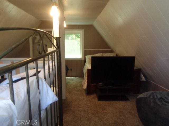 bedroom featuring carpet flooring and vaulted ceiling