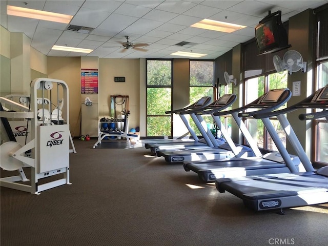 workout area with a paneled ceiling and ceiling fan