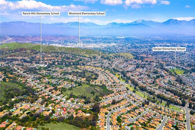 birds eye view of property featuring a mountain view