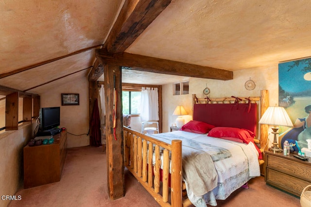 carpeted bedroom featuring lofted ceiling with beams