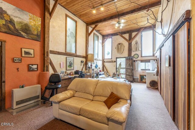 bedroom featuring beamed ceiling, a high ceiling, multiple windows, and wooden ceiling