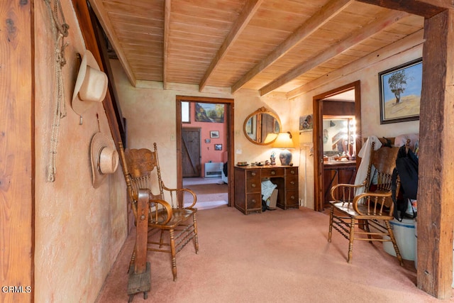 interior space with wooden ceiling and beam ceiling