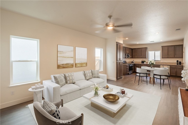 living room with ceiling fan, a textured ceiling, light hardwood / wood-style floors, and a wealth of natural light