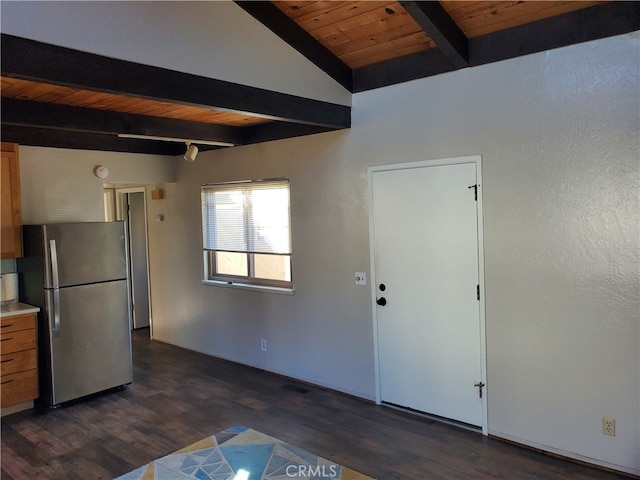 474 Whidbey Way, Morro Bay, CA 93442 - kitchen with stainless steel fridge, wood ceiling, lofted ceiling with beams, and dark hardwood / wood-style floors