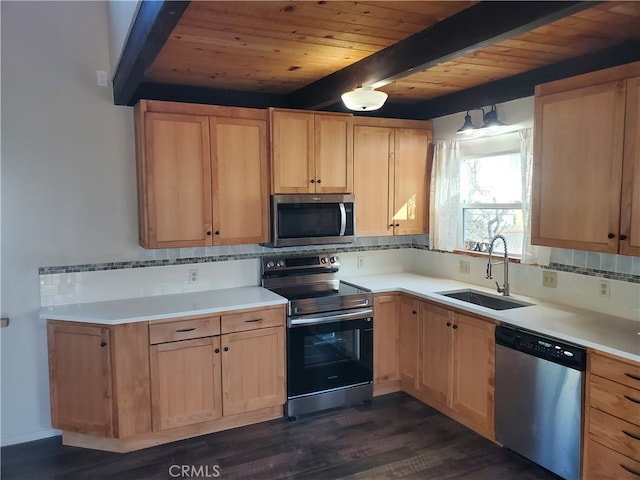 474 Whidbey Way, Morro Bay, CA 93442 - kitchen featuring appliances with stainless steel finishes, dark wood-type flooring, tasteful backsplash, beam ceiling, and sink