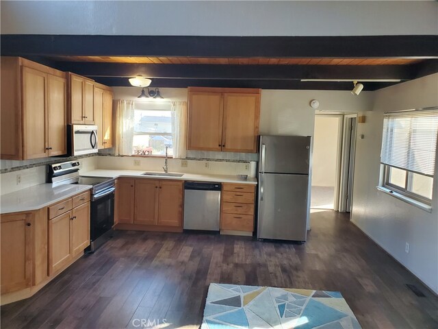 474 Whidbey Way, Morro Bay, CA 93442 - kitchen featuring dark wood-type flooring, sink, beam ceiling, backsplash, and appliances with stainless steel finishes