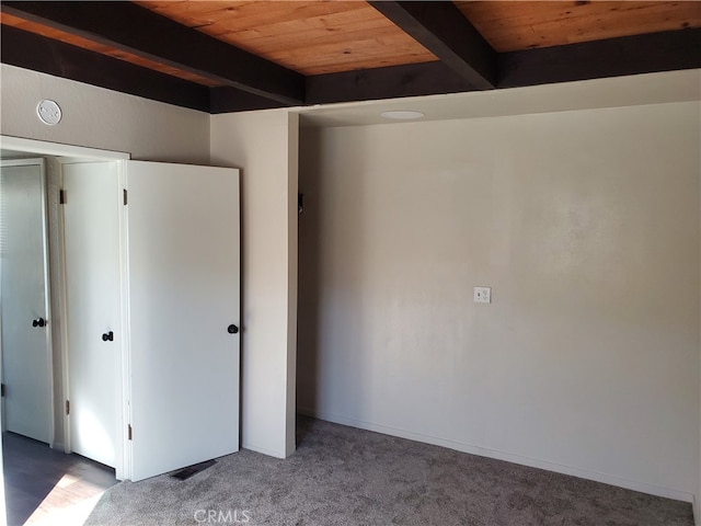 474 Whidbey Way, Morro Bay, CA 93442 - unfurnished bedroom featuring beamed ceiling, wood ceiling, and carpet