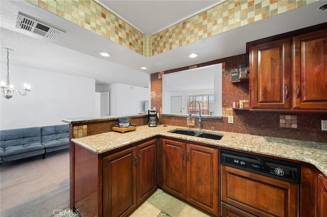 kitchen with a chandelier, dishwasher, sink, kitchen peninsula, and light stone countertops