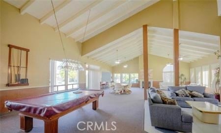 playroom with beam ceiling, plenty of natural light, and carpet flooring