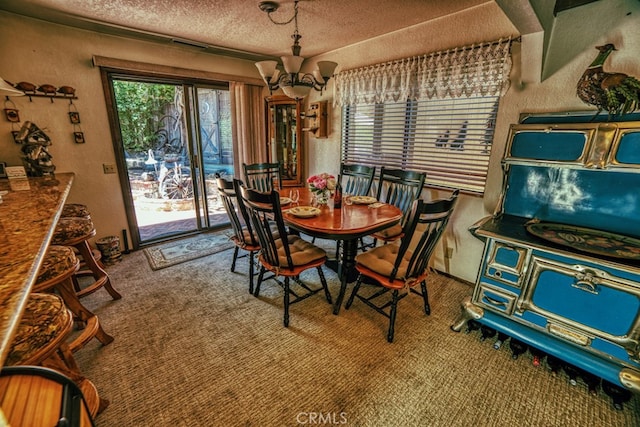 carpeted dining space with a textured ceiling and a notable chandelier