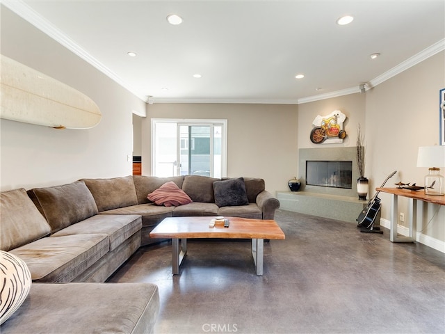 living room featuring crown molding and concrete floors