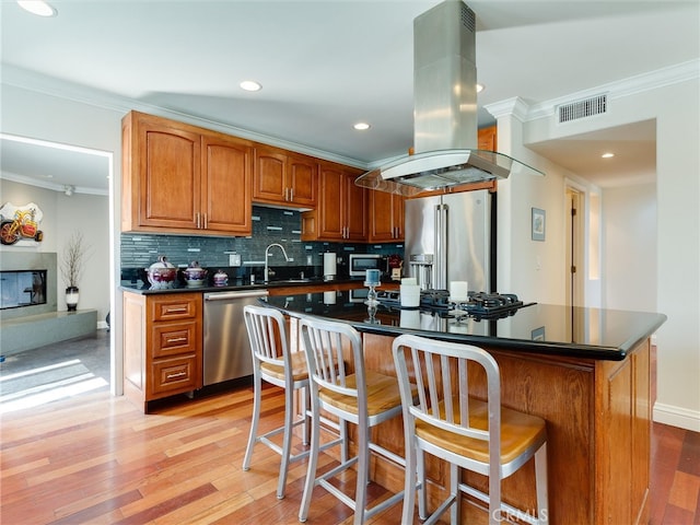 kitchen with light hardwood / wood-style flooring, island exhaust hood, appliances with stainless steel finishes, and a kitchen island