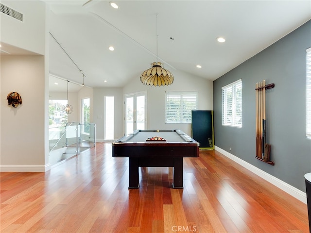 recreation room with wood-type flooring, billiards, and lofted ceiling