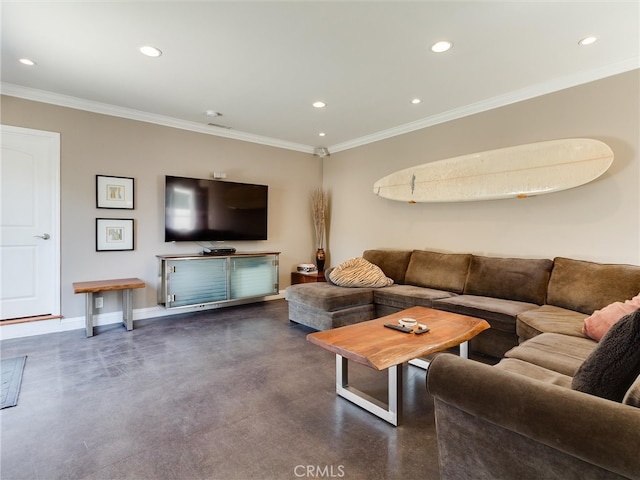 living room with crown molding