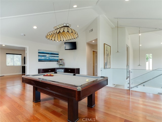 playroom with pool table, wood-type flooring, and vaulted ceiling