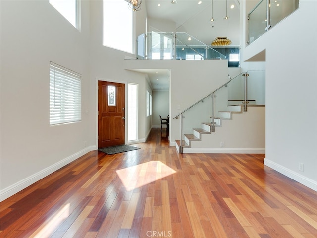 foyer entrance with hardwood / wood-style flooring, a high ceiling, and a wealth of natural light