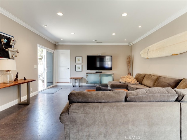 living room with dark wood-type flooring and ornamental molding