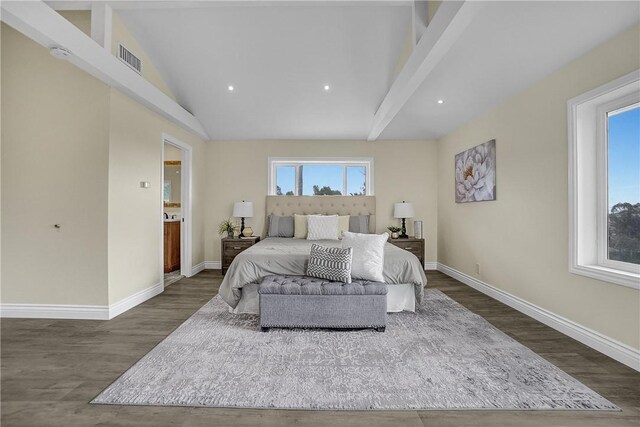 bedroom with lofted ceiling with beams and dark wood-type flooring