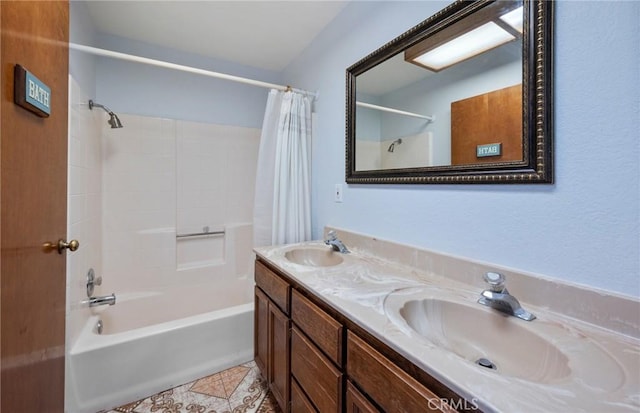 bathroom with vanity and shower / bath combo with shower curtain