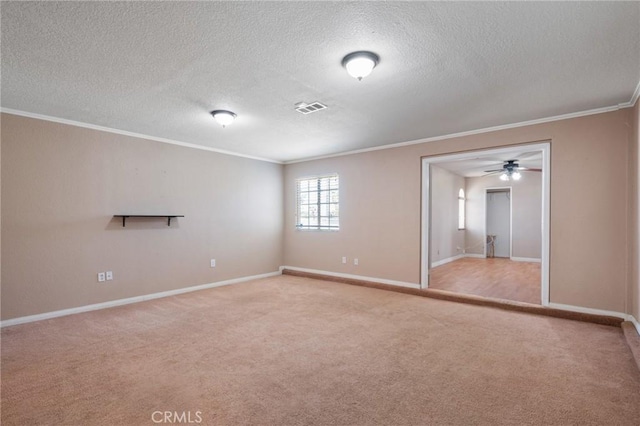 carpeted empty room featuring crown molding and a textured ceiling