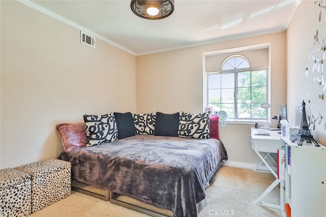 bedroom featuring carpet floors and ornamental molding