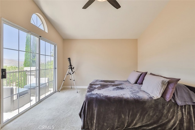 bedroom featuring carpet, lofted ceiling, access to outside, and ceiling fan