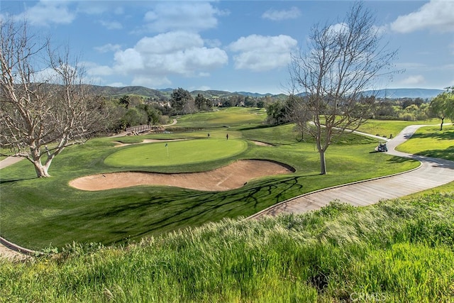 surrounding community with a mountain view and a lawn